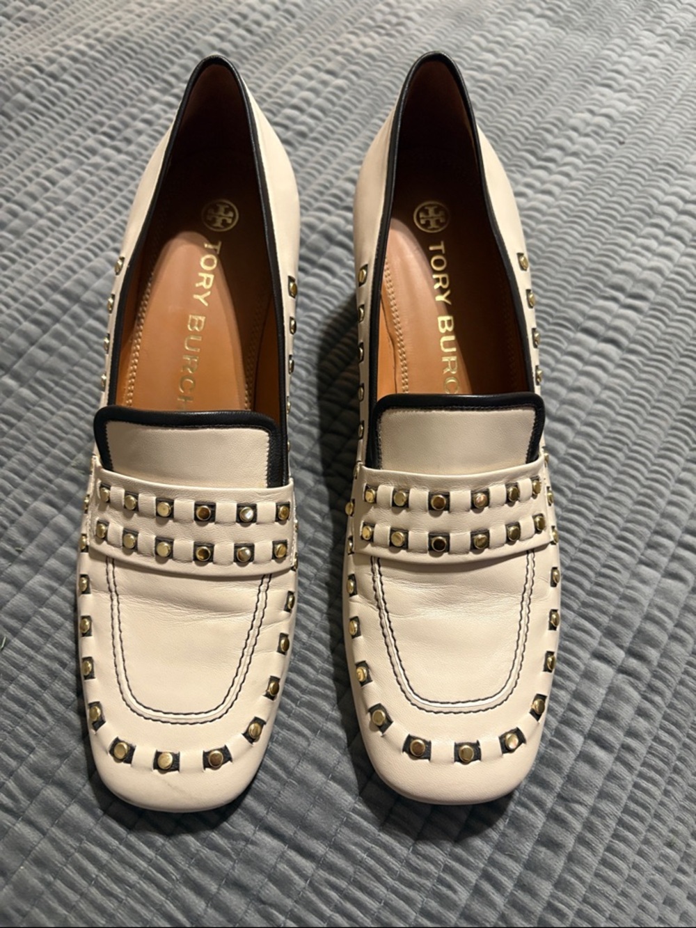Tory Burch Ivory Studded Leather Loafers